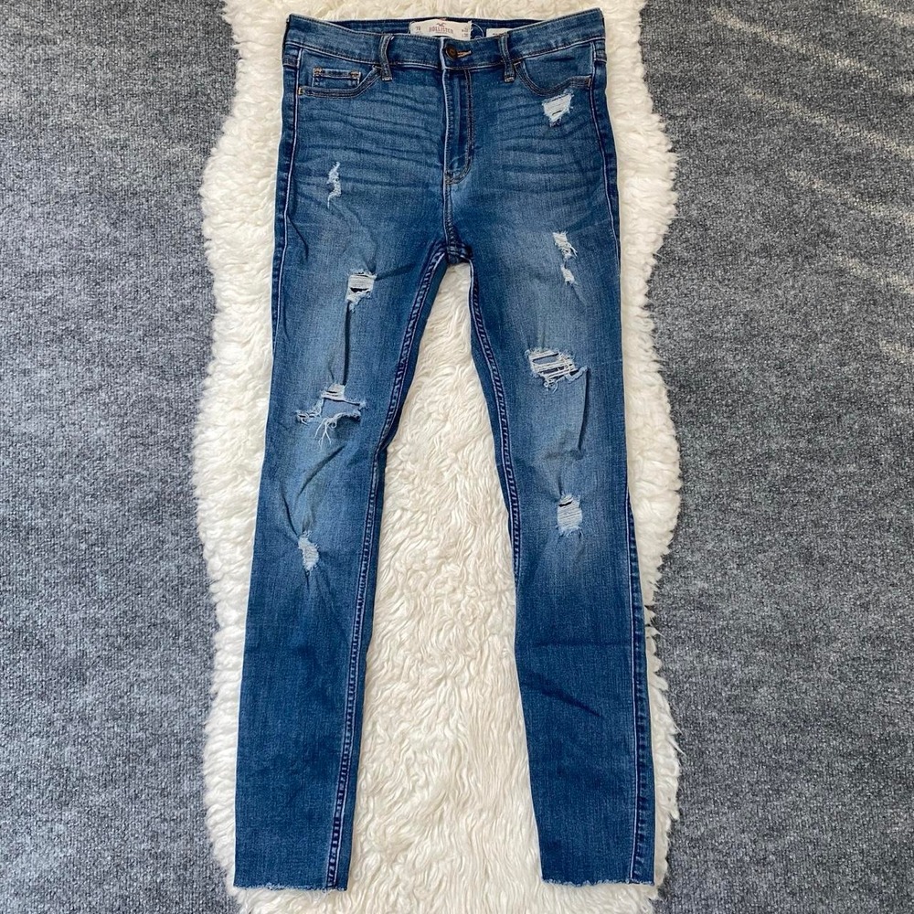 HOLLISTER BLUE DENIM HIGH RISE SUPER SKINNY JEANS DISTRESSED CASUAL GRUNGE